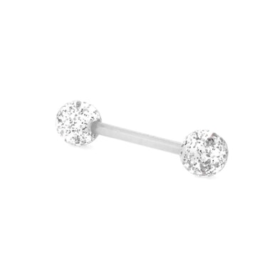 Tongpiercing uit bioplastic met glitterballen