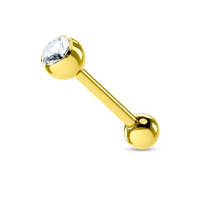 Vergulde tongpiercing met steentjes in verschillende kleuren