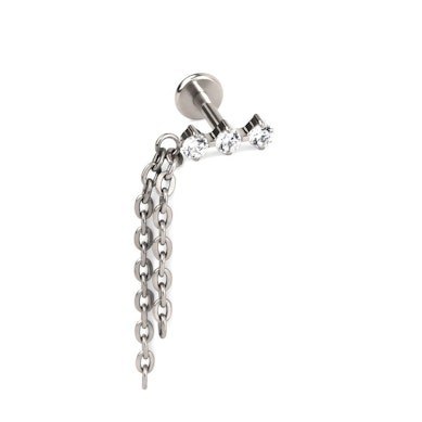 Titanium labret met trio van steentjes en dubbel kettinkje