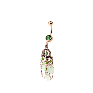 Navelpiercing met groene, druppelvormige steentjes