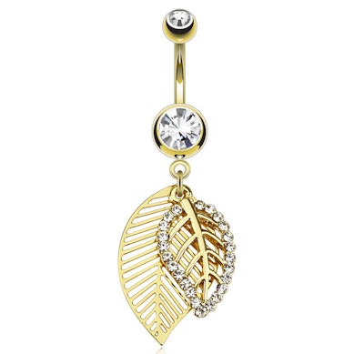 Vergulde navelpiercing met een bladerenhanger