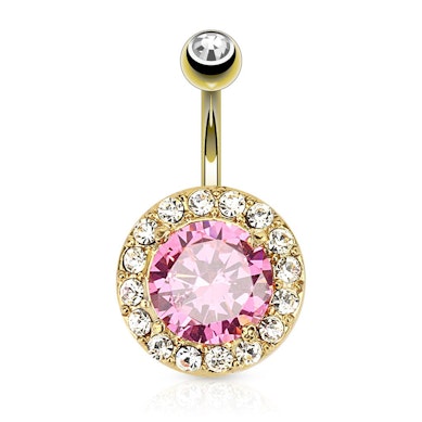 Vergulde navelpiercing met een grote roze steen