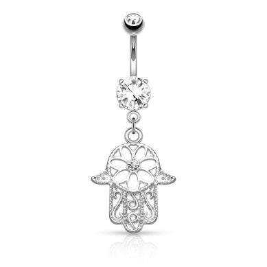 Navelpiercing met een steen in de hamsahand