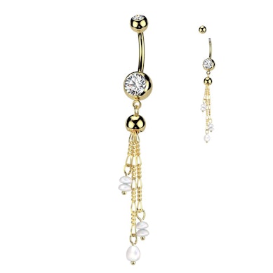 Navel barbell met kettinkjes en parels