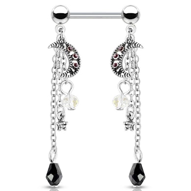 Tepelpiercing met sterretjes en maantjes hangers