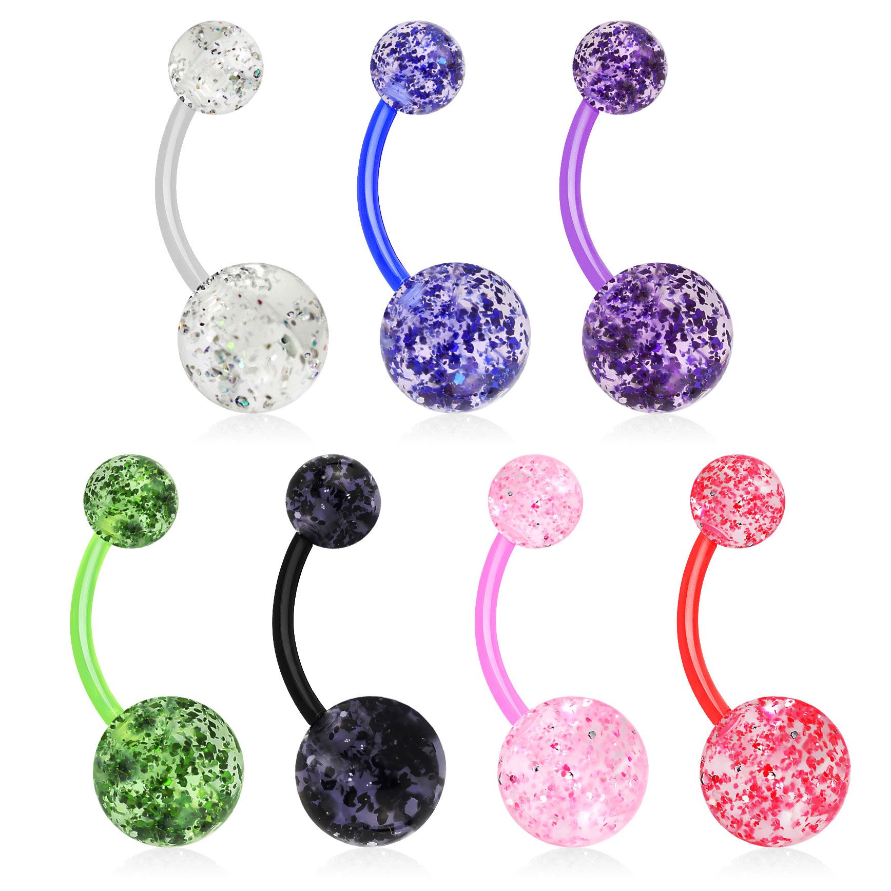 Navelpiercing uit acryl met glitterballetjes