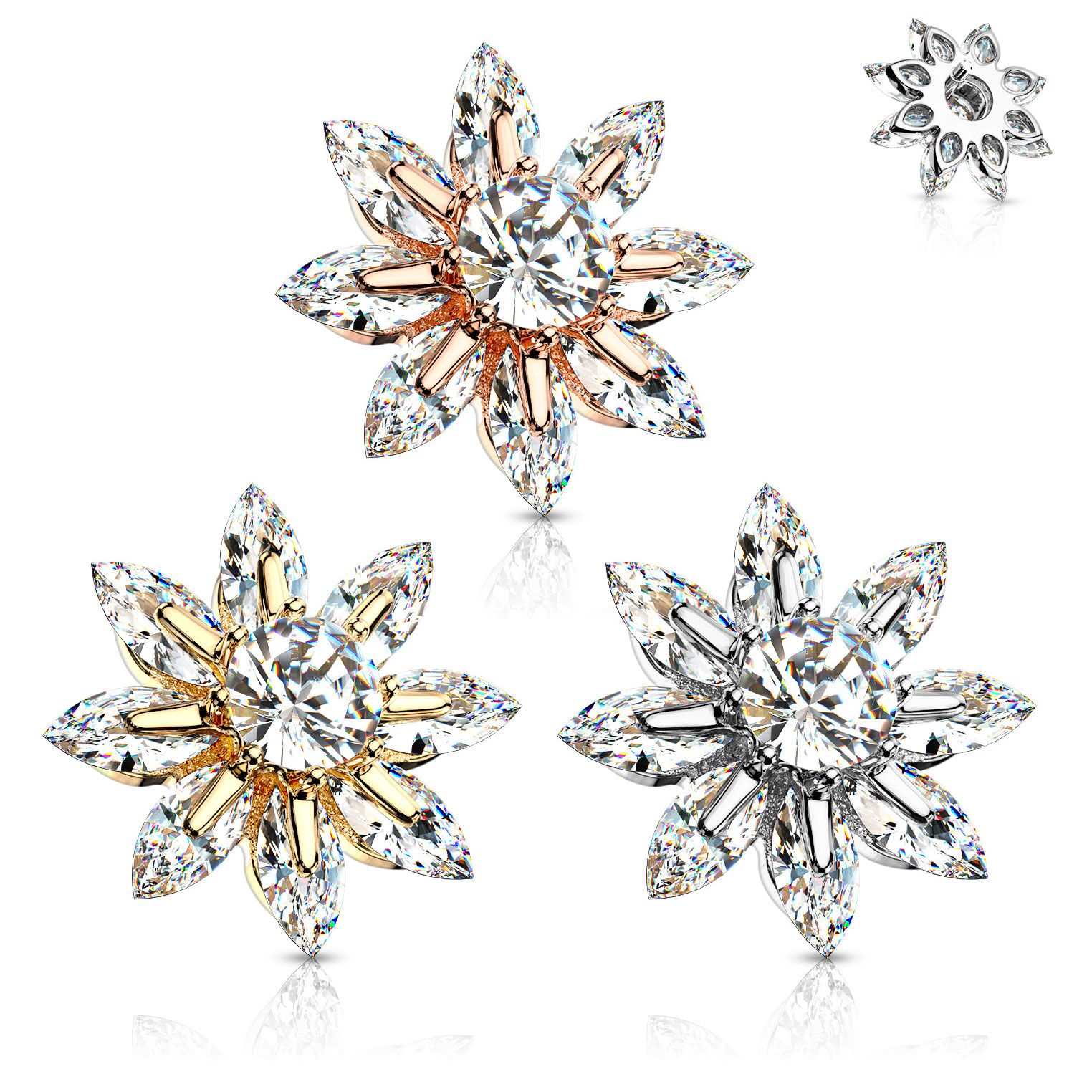 Dermal anchor met bloem met blaadjes uit steentjes en middensteen
