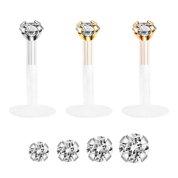 Labret van 14 karaats goud met een ronde steen en ptfe staaf