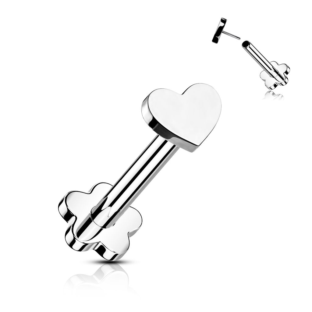Dubbelzijdige titanium labret met bloem en hartje