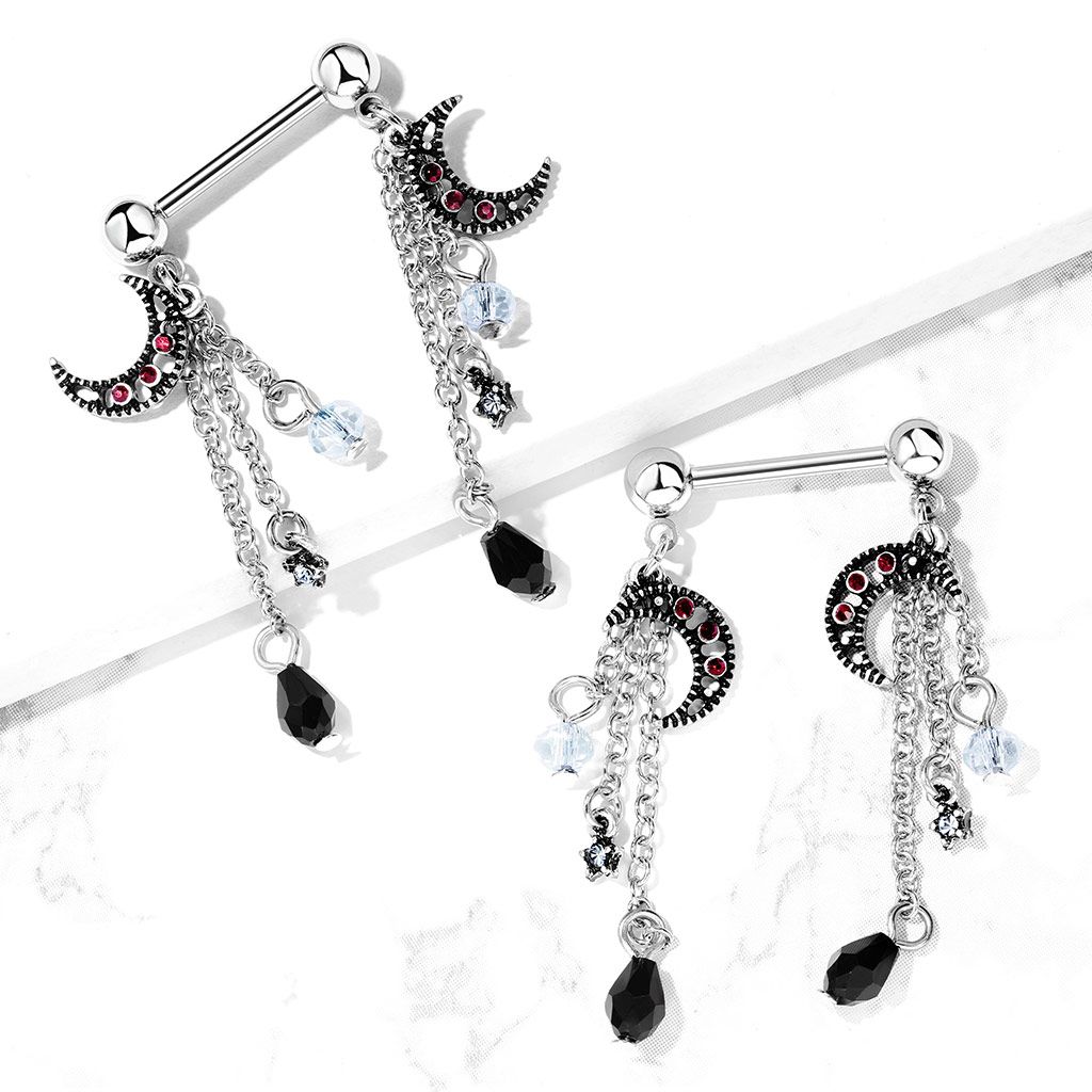Tepelpiercing met sterretjes en maantjes hangers