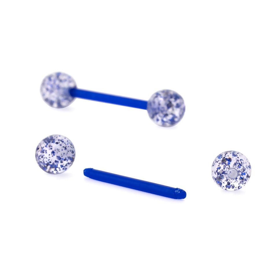 Tongpiercing uit bioplastic met glitterballen