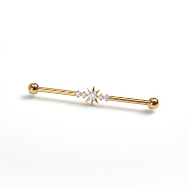 Titanium industrial barbell met centrale ster en steentjes