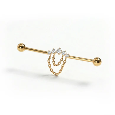 Titanium industrial barbell met steentjes en kettingen