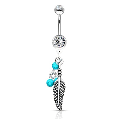 Navelpiercing met turquoise balletjes en bladeren