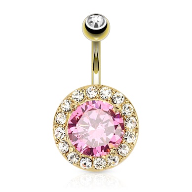 Vergulde navelpiercing met een grote roze steen