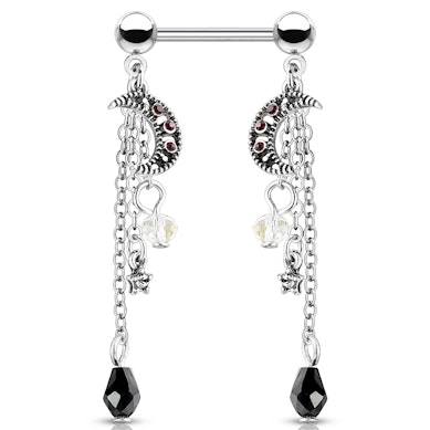 Tepelpiercing met sterretjes en maantjes hangers