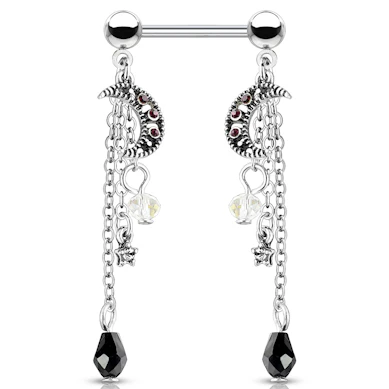 Tepelpiercing met sterretjes en maantjes hangers