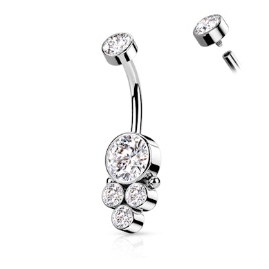 Titanium navel ring met intern schroefdraad en ronde cluster stenen