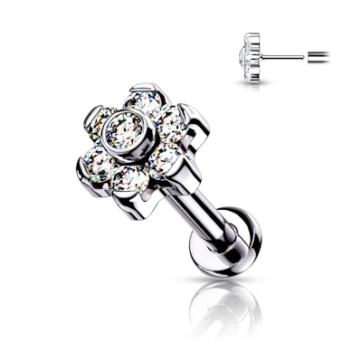 Push-in labret van titanium met bloem van steentjes