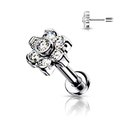 Push-in labret van titanium met bloem van steentjes