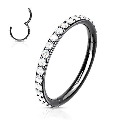 Ring met scharnier uit chirurgisch staal met steentjes.