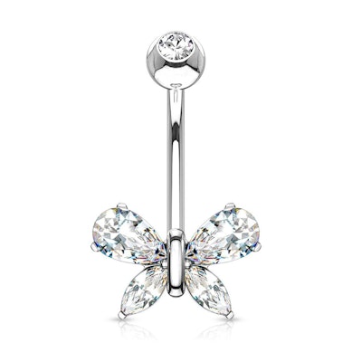 Navelpiercing uit 14 karaats goud met een vlinder uit stenen