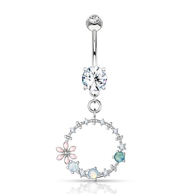 Navelpiercing met cirkel versierd met bloem en opalietsteentjes