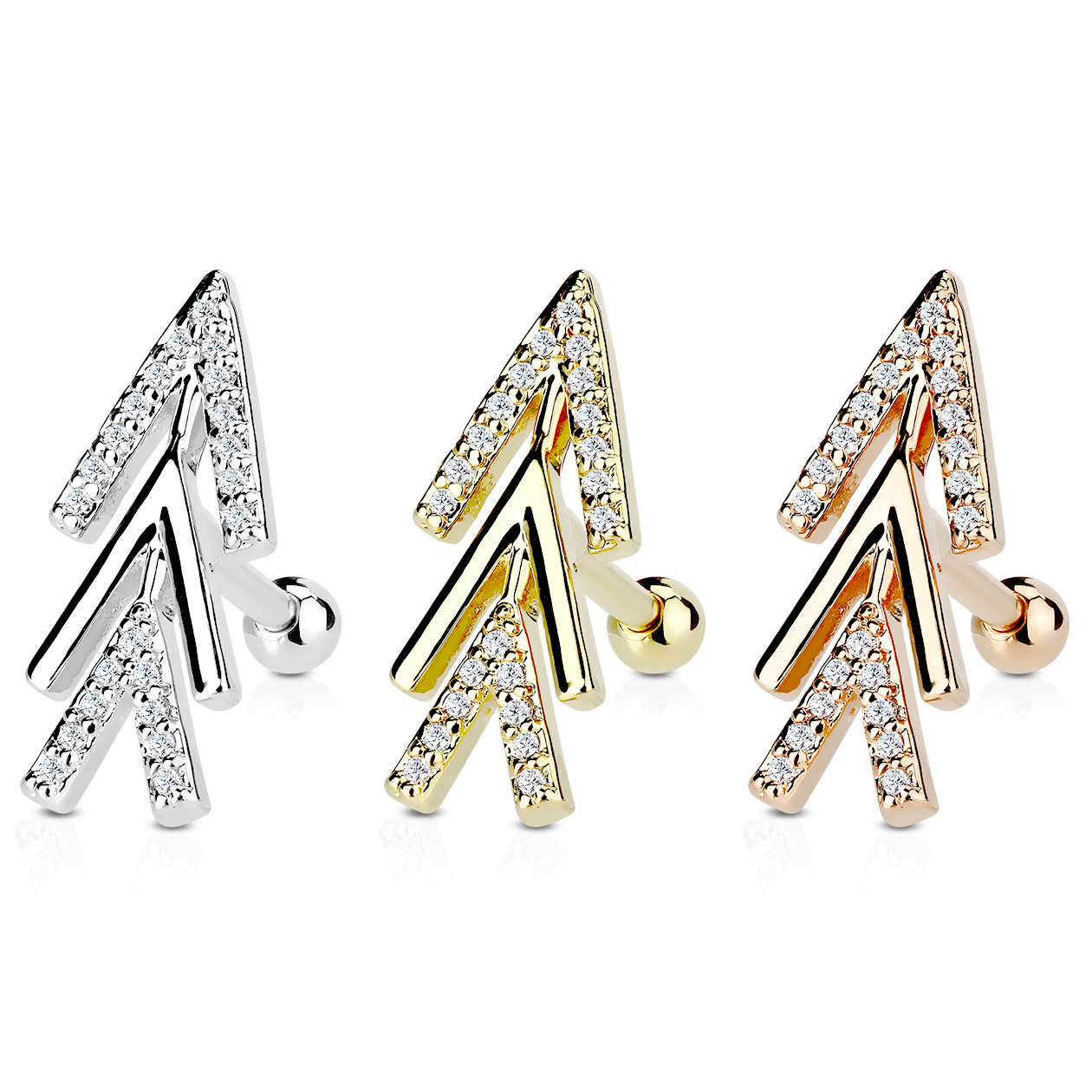 Oorpiercing met abstracte pijl en steentjes