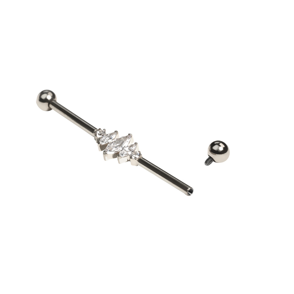 Titanium industrial barbell met marquise stenen