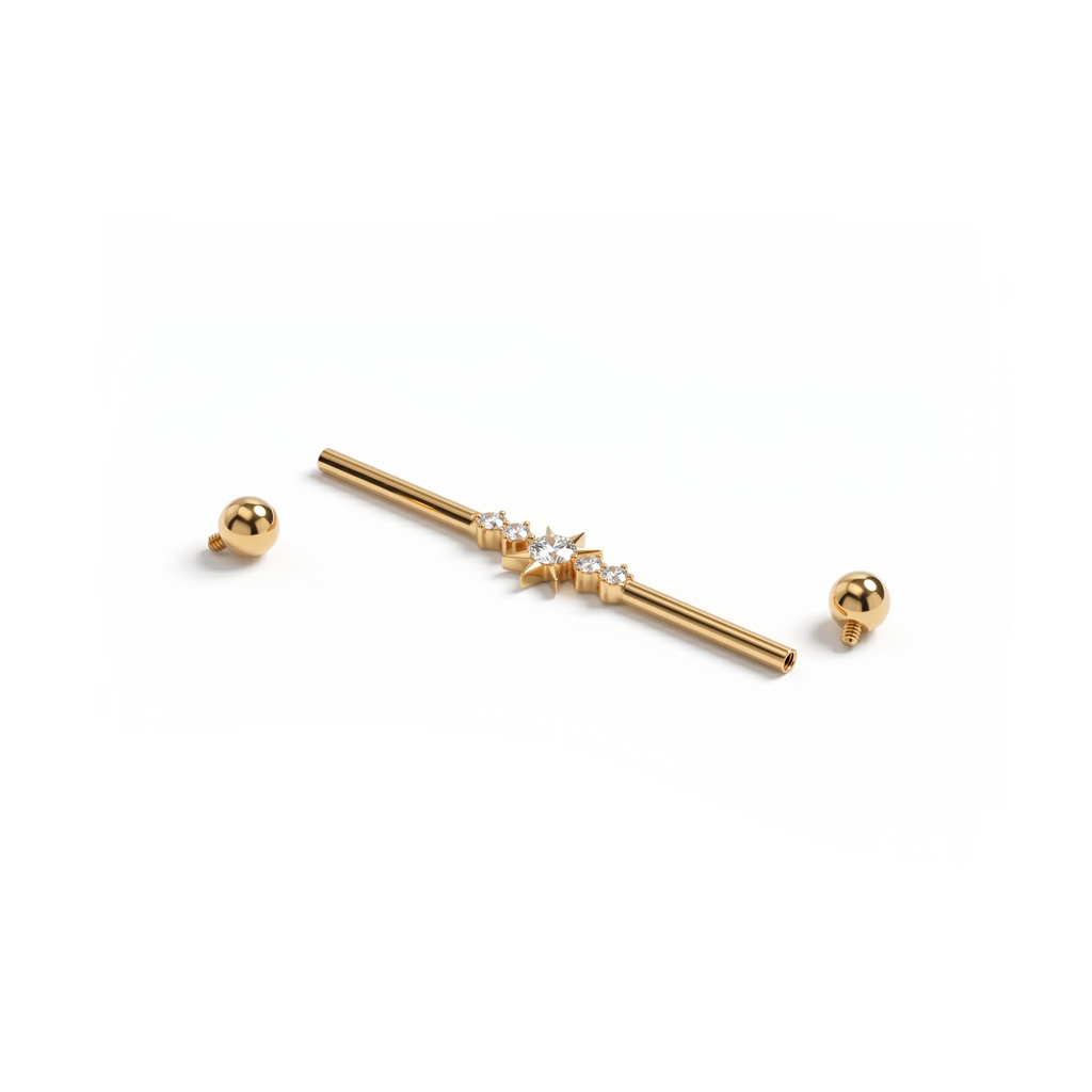 Titanium industrial barbell met centrale ster en steentjes