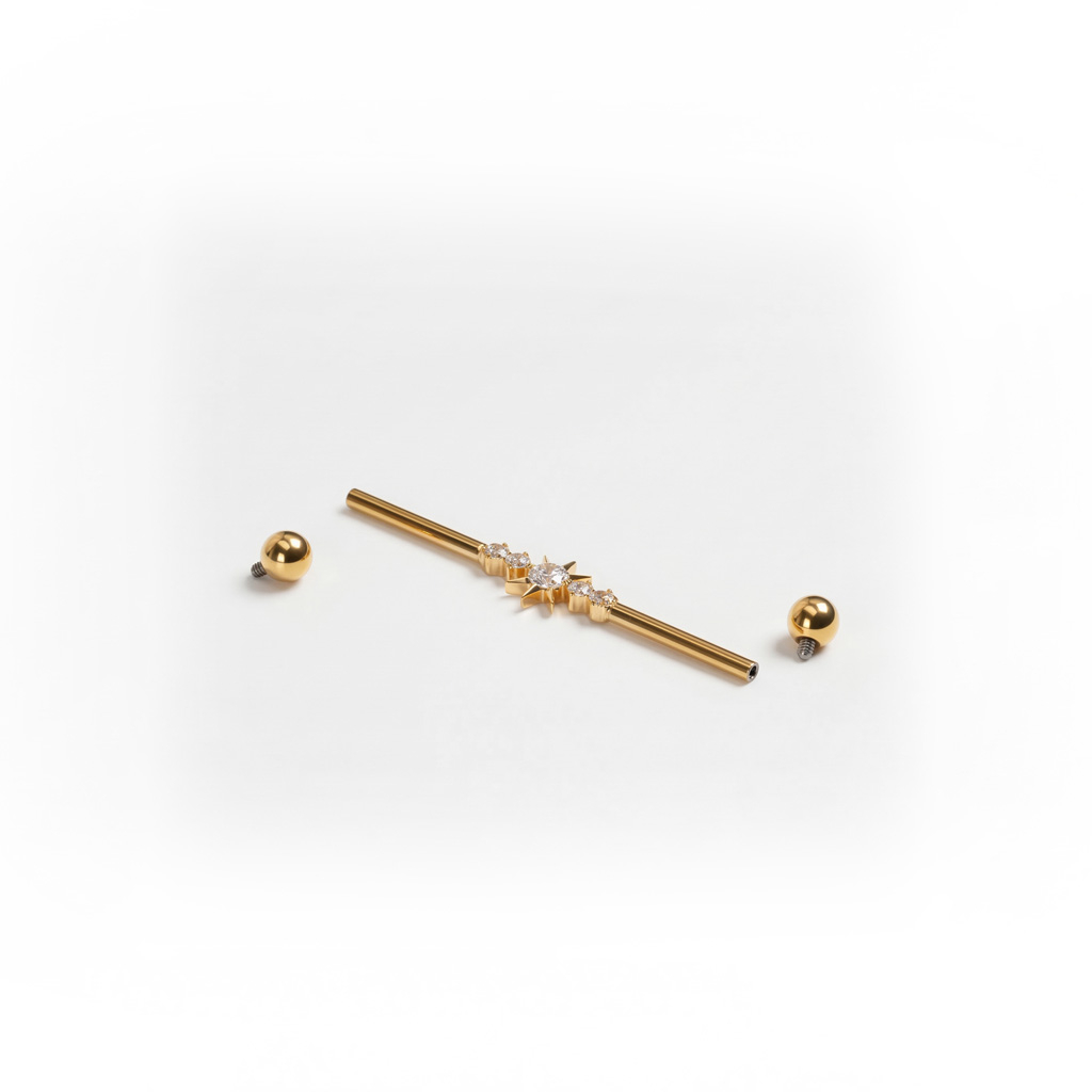 Titanium industrial barbell met centrale ster en steentjes