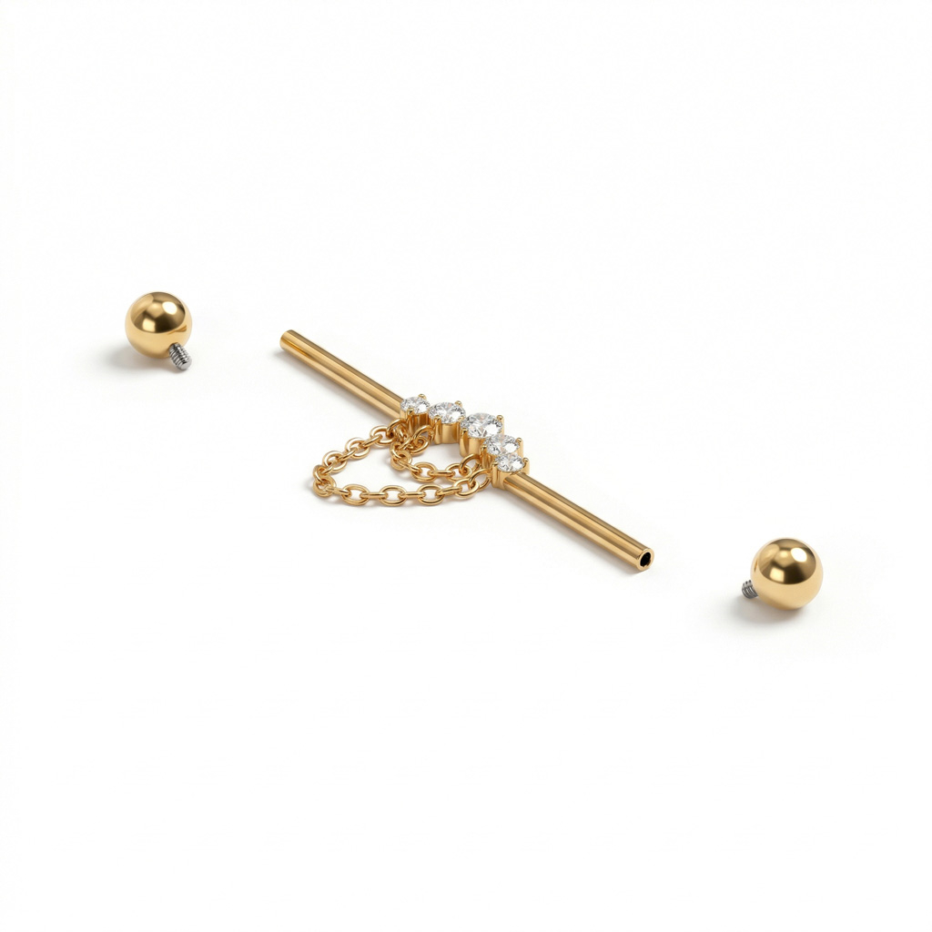 Titanium industrial barbell met steentjes en kettingen