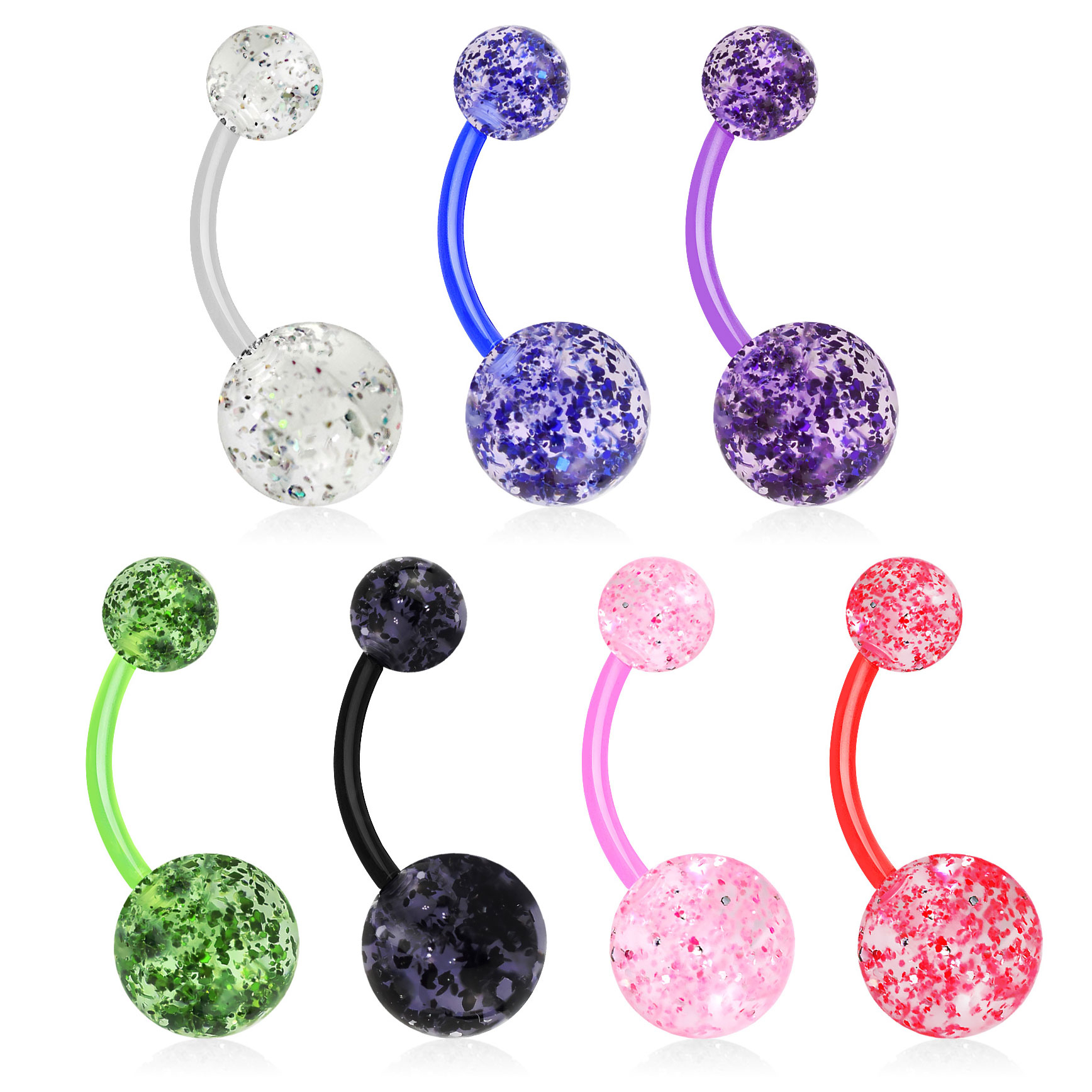 Navelpiercing uit acryl met glitterballetjes