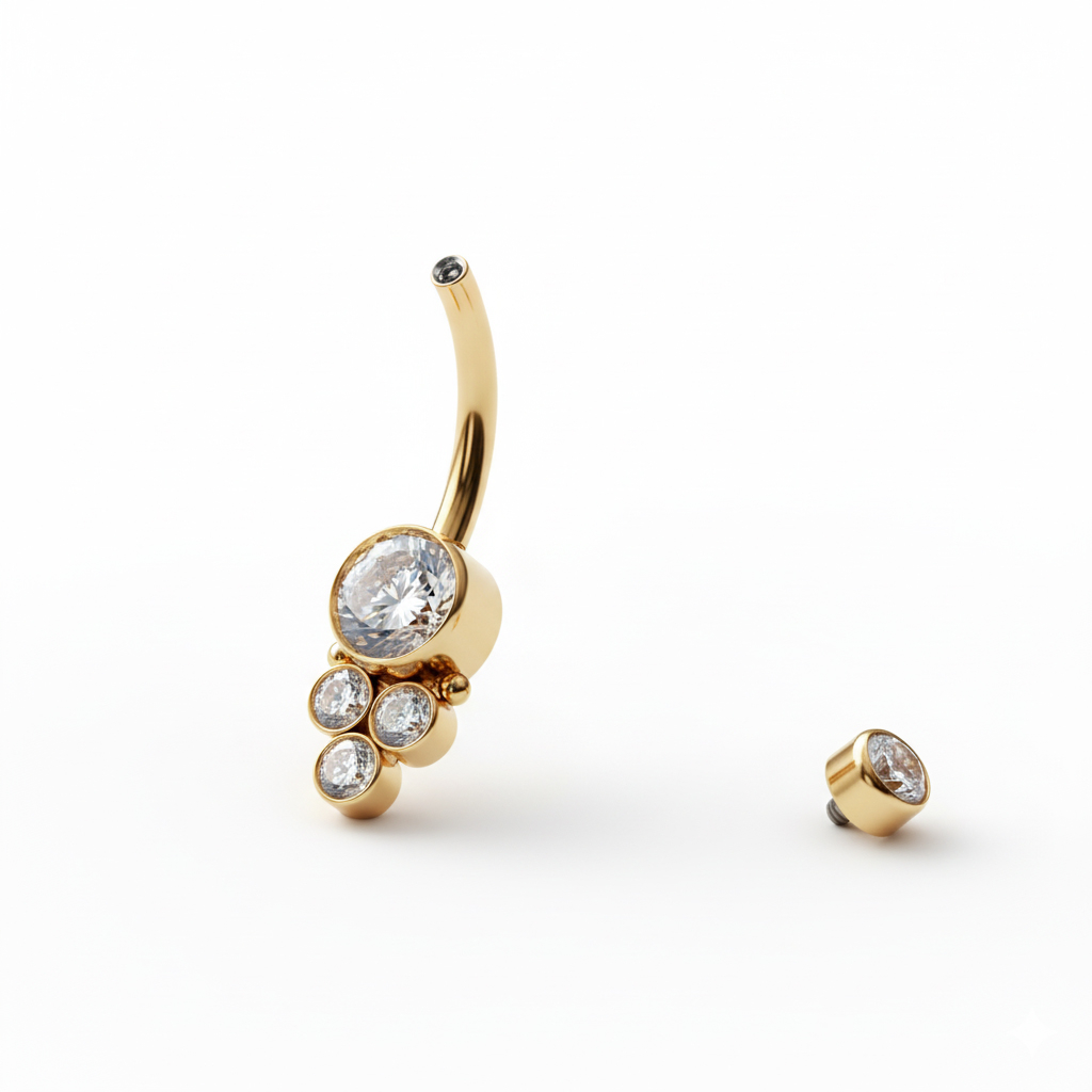 Titanium navel ring met intern schroefdraad en ronde cluster stenen