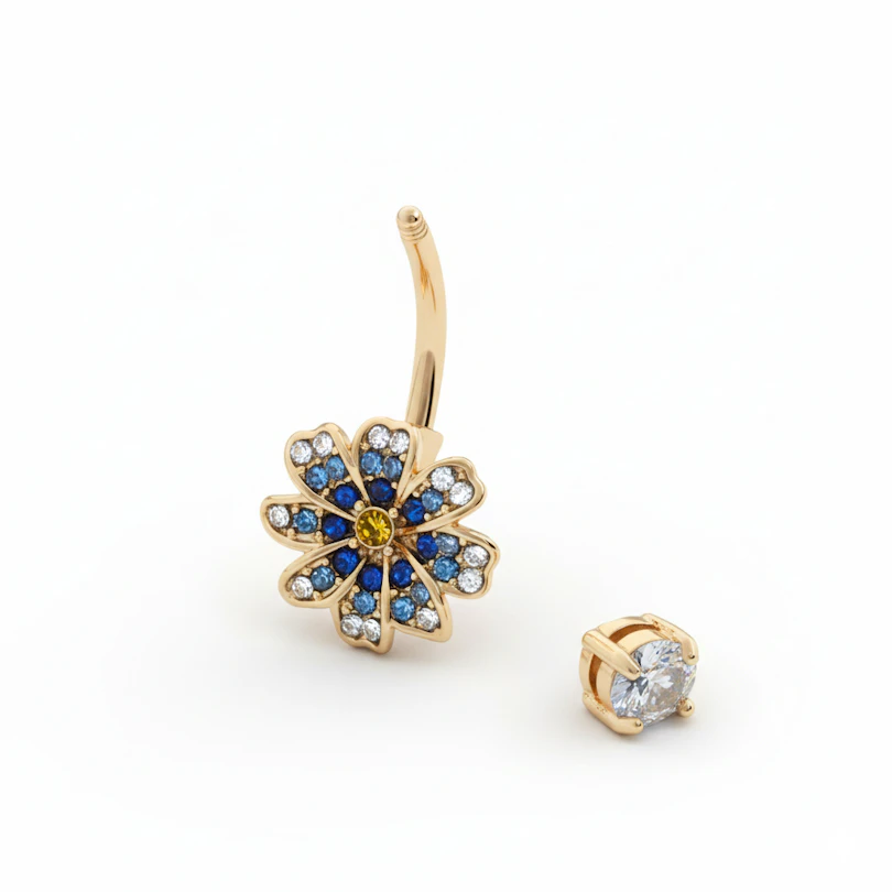 Navel barbell met blauwe bloem