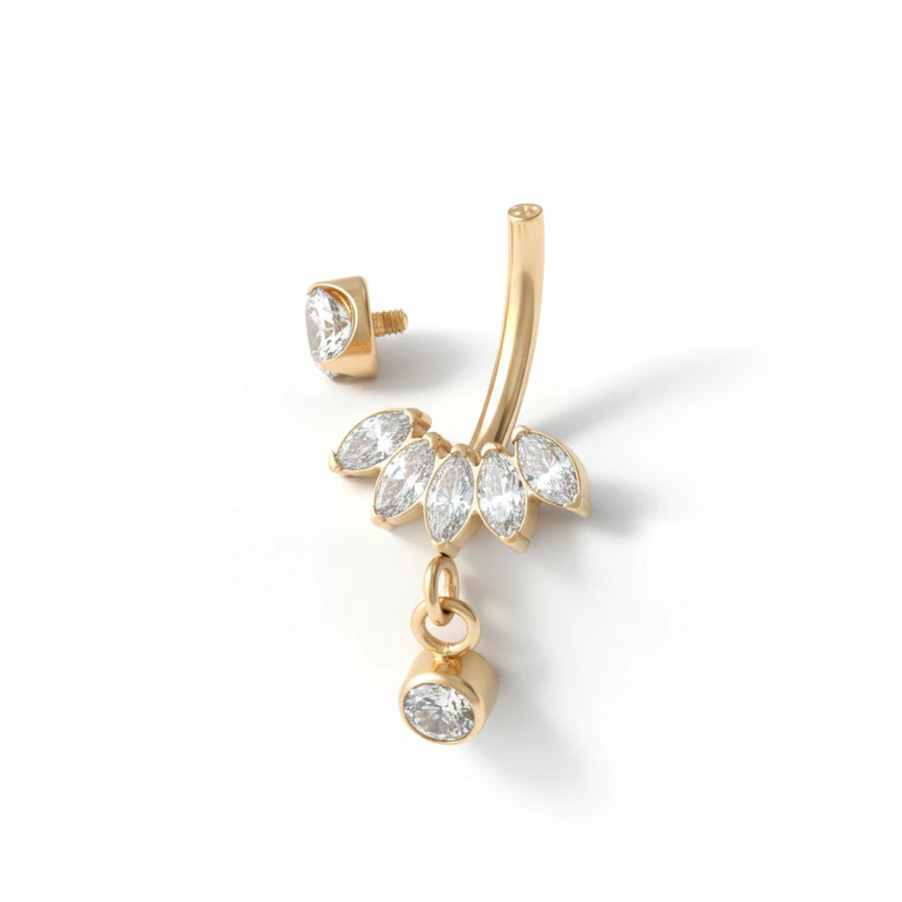 Titanium navel ring met marquise steen en hangertje