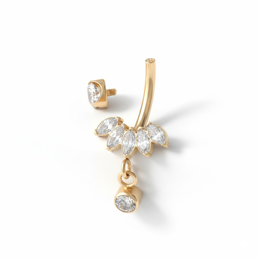Titanium navel ring met marquise steen en hangertje
