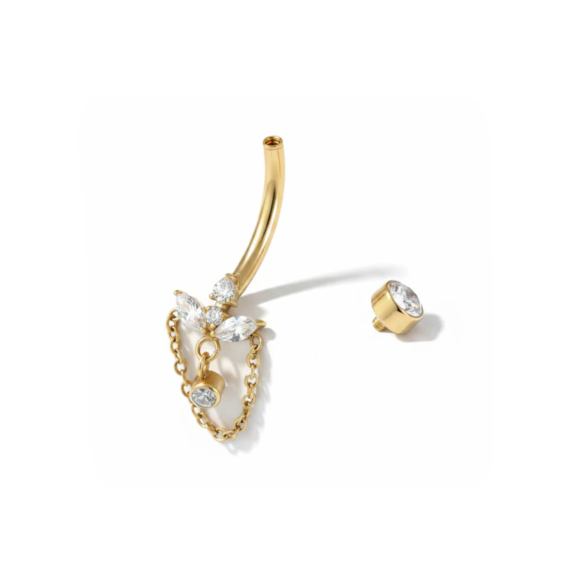 Titanium navelring met lotusbloem en ketting