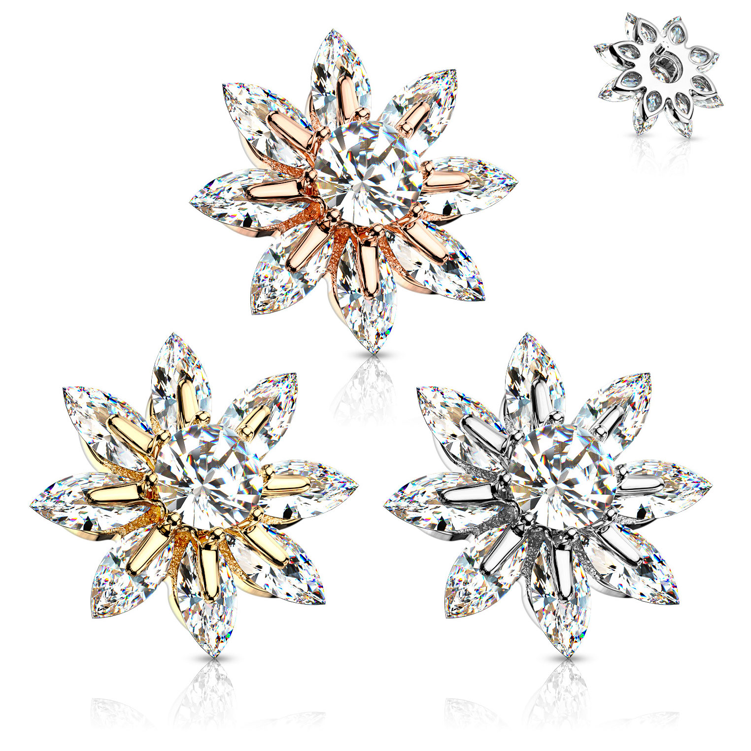 Dermal anchor met bloem met blaadjes uit steentjes en middensteen