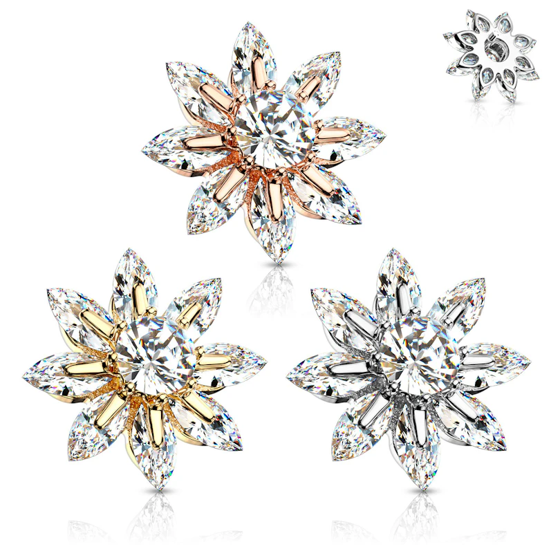 Dermal anchor met bloem met blaadjes uit steentjes en middensteen