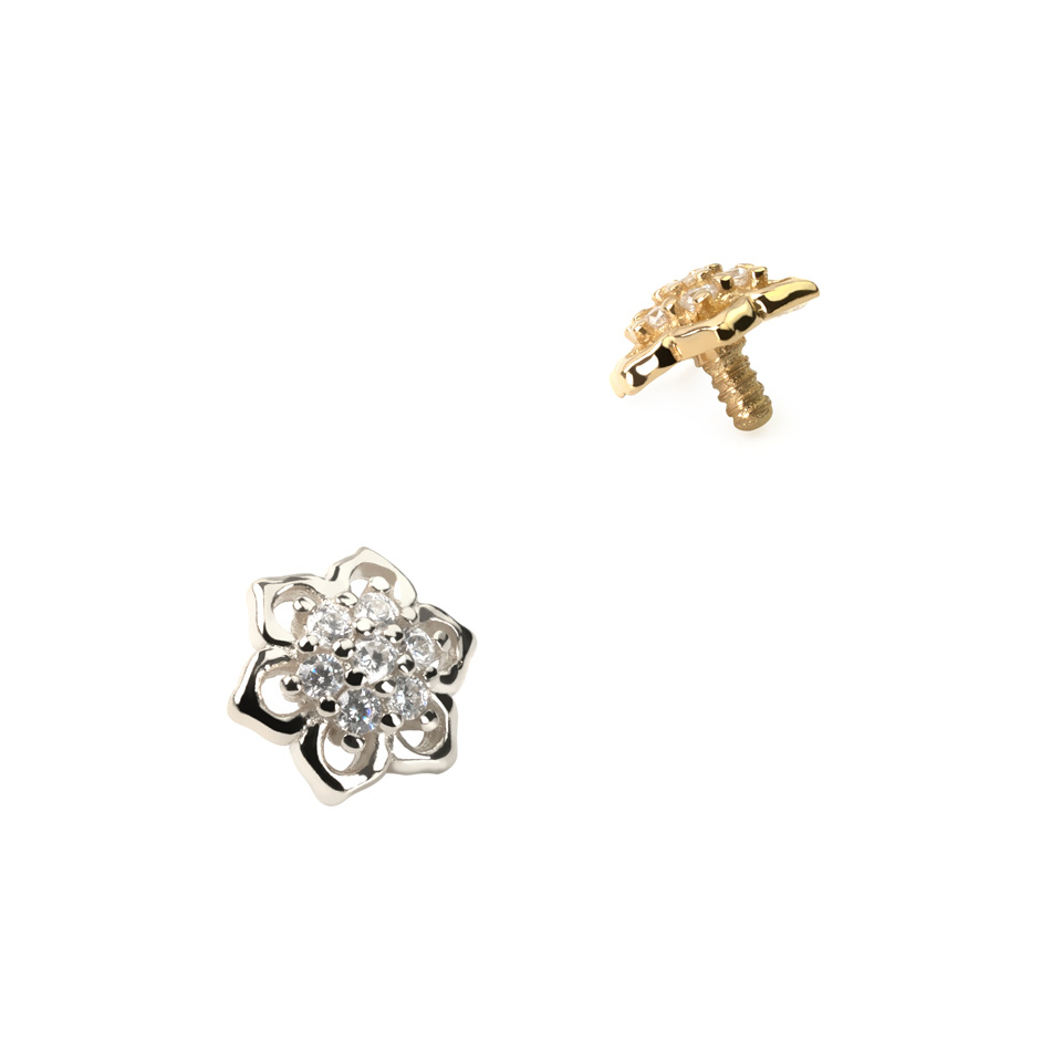 Bloem uit 14 karaats goud met zeven steentjes voor dermal anchor