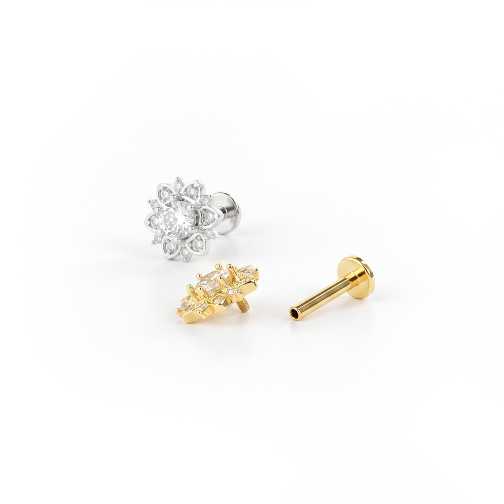 Labret met steenbezette lotusbloem en inwendig schroefdraad