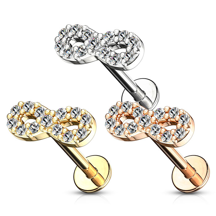 Labret met steenbezet oneindigheidsteken en interne schroefdraad
