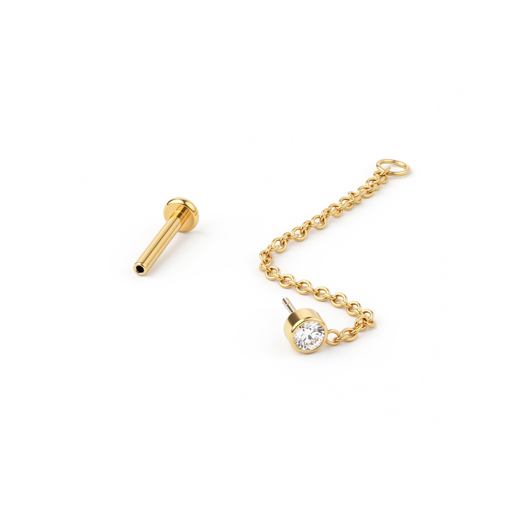 Titanium labret met steentje en kettinkje