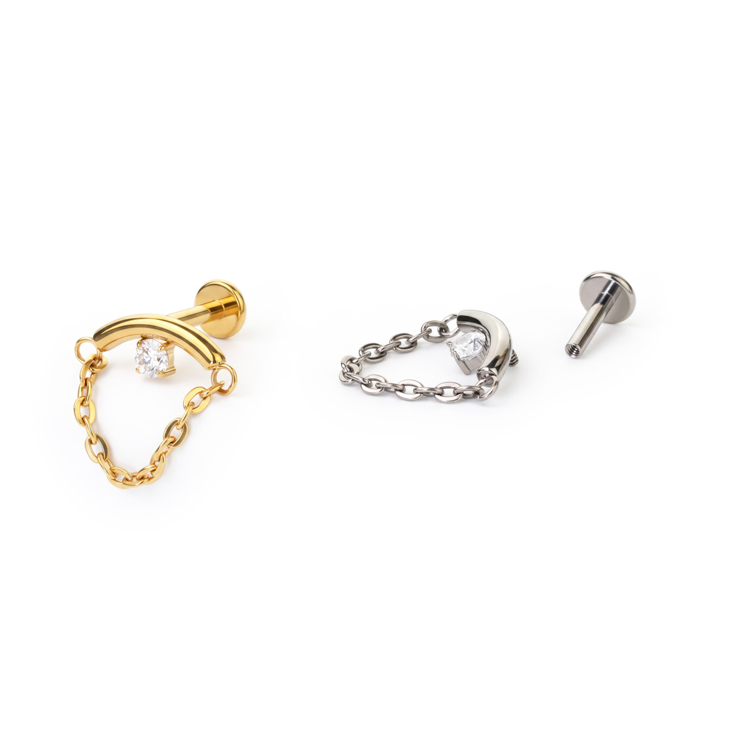 Verborgen helix labret met steen en ketting