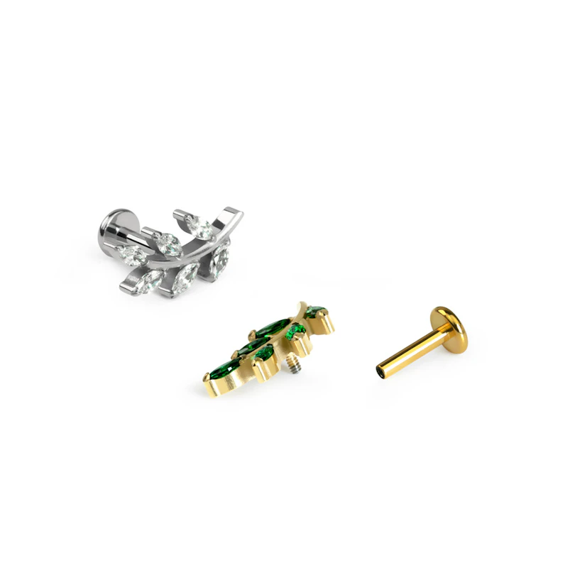 Blad labret van titanium met edelsteentjes
