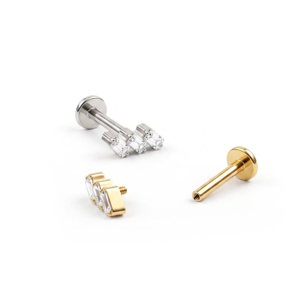 Titanium labret met baguette steentjes