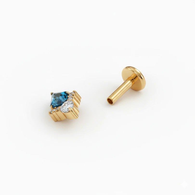 Diamantvormige labret met blauwe steen van titanium