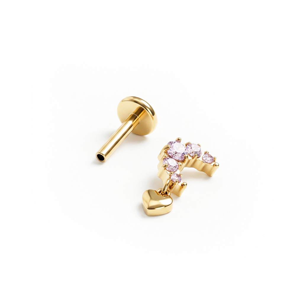 Titanium maanlabret met roze steentjes
