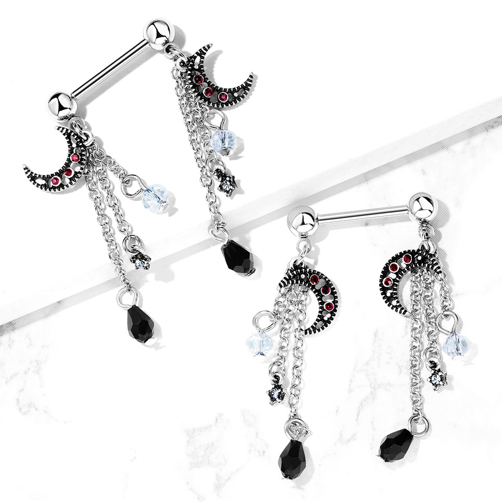 Tepelpiercing met sterretjes en maantjes hangers